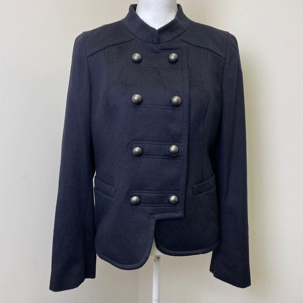 Y2K Ann Taylor LOFT Wool Blend Military Jacket 12 Button Cuff Mock Neck Fall
